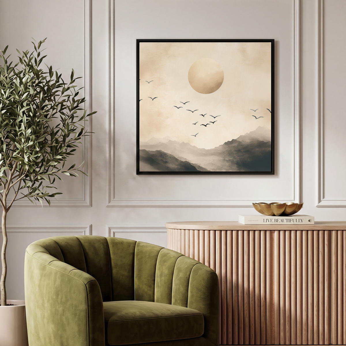 LEINWAND Bilder mit Rahmen - Landschaft - Japandi - Vogel - 50x50 - Beige, Textil (50/50cm) - MuchoWow