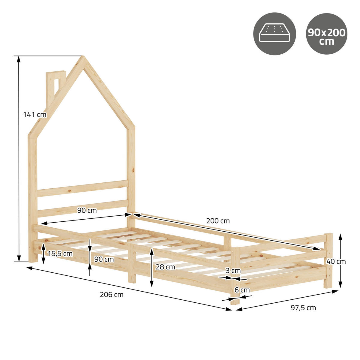 KINDERBETT Haus 90x200 cm Natur - Hellbraun, Holz (90/200cm) - ML-DESIGN