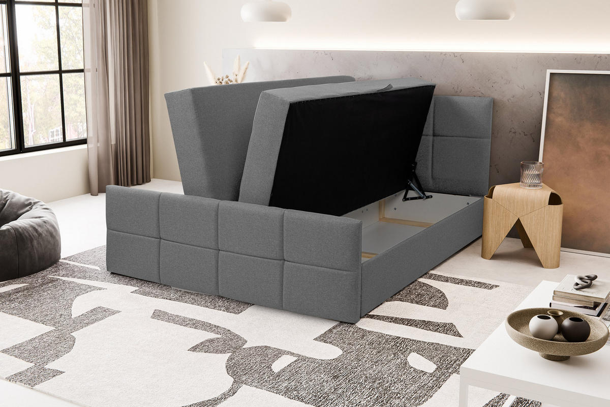 BOXBETT DORIS mit 2 Bettkästen, 180x200, Farbe: Grau, Velourstoff, mit Bonell-Matratze inkl. Topper - Grau, Holz/Kunststoff (180/200cm) - VENASI MÖBEL
