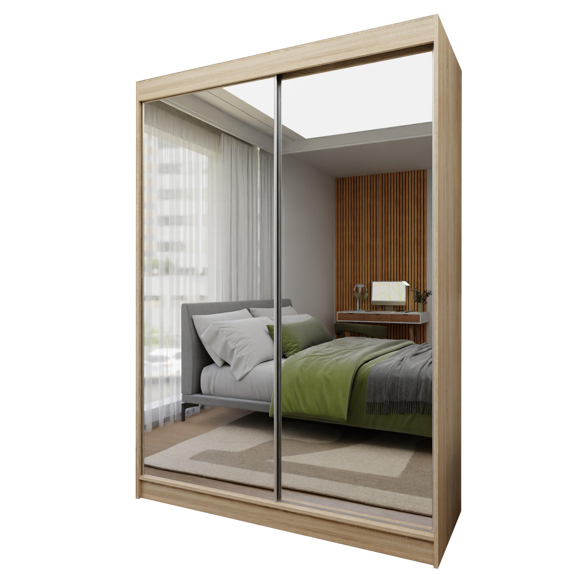 SCHWEBETÜRENSCHRANK BELLINA 150/216/61 cm 2-türig mit Spiegel Sonoma Eiche - Sonoma Eiche, Holzwerkstoff (150/216/61cm) - MASSENO