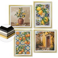 WANDBILDER 4er Set - 50x50 cm & 40x60 cm Goldrahmen - Zitronenorange Blütenmuster - Goldfarben, Kunststoff (50/50cm) - ArtPrintCave