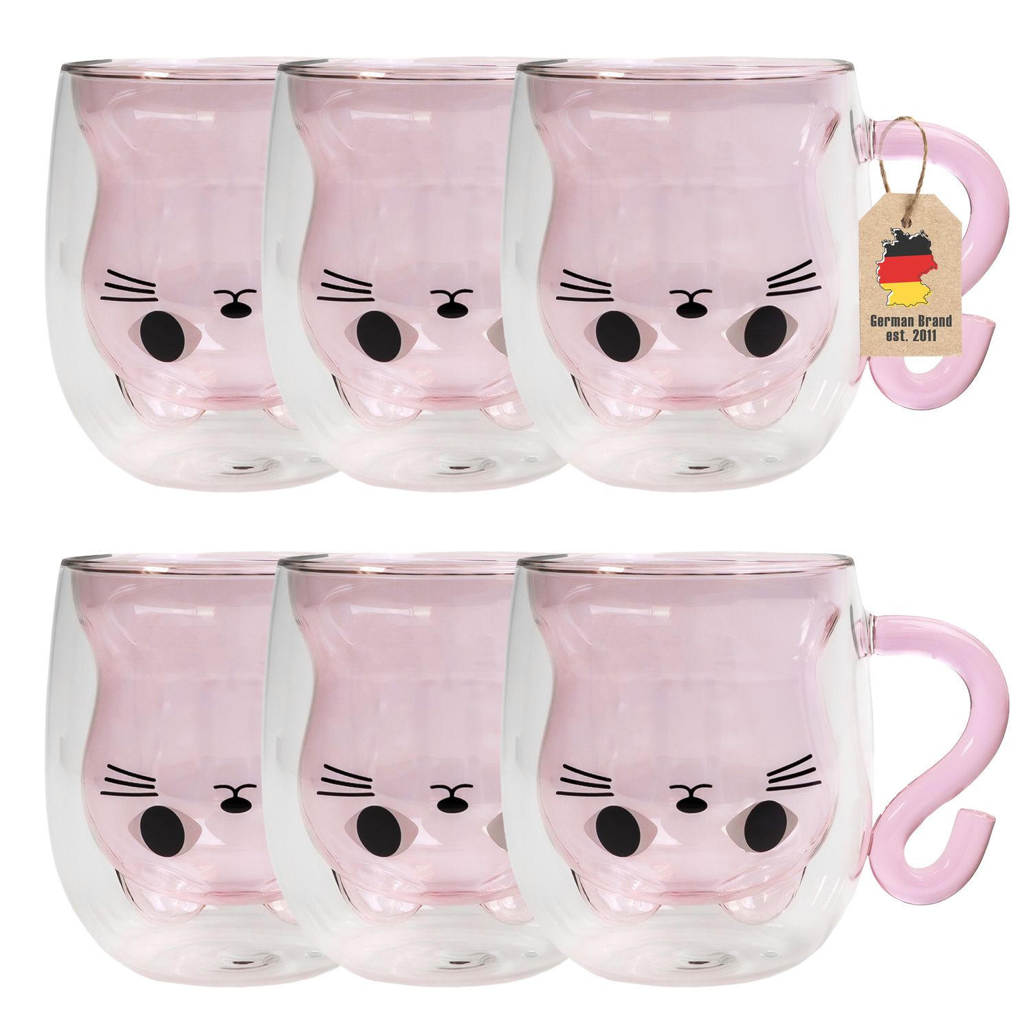 THERMO GLÄSER Design Katze 200ml (6-tlg.) - Rosa, Glas - Intirilife