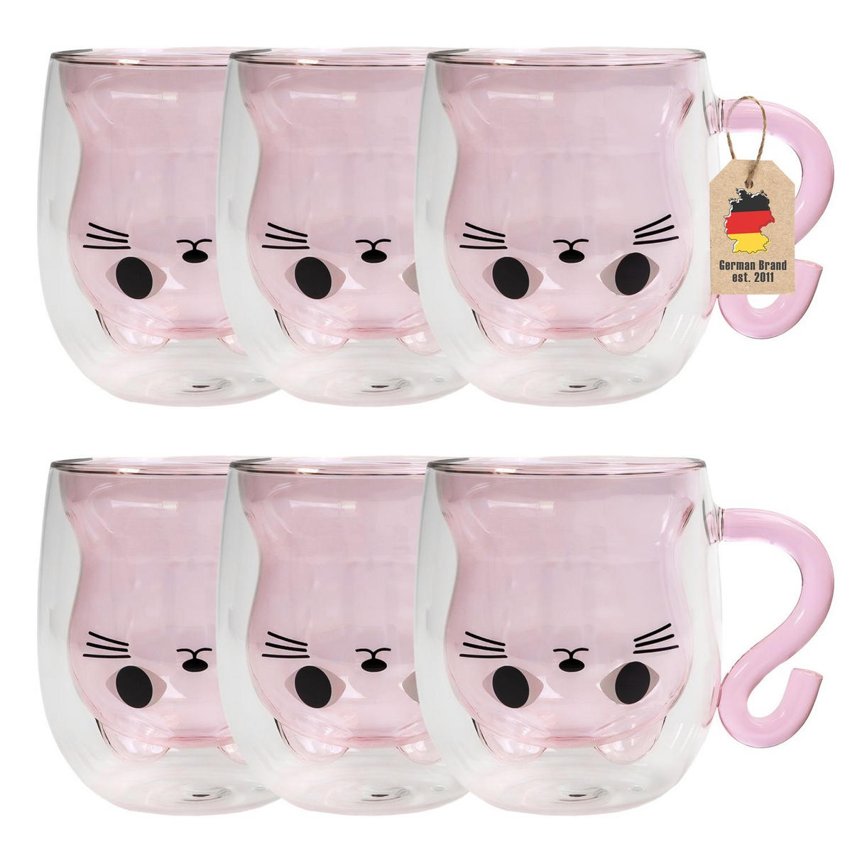 THERMO GLÄSER Design Katze 200ml (6-tlg.) - Rosa, Glas - Intirilife