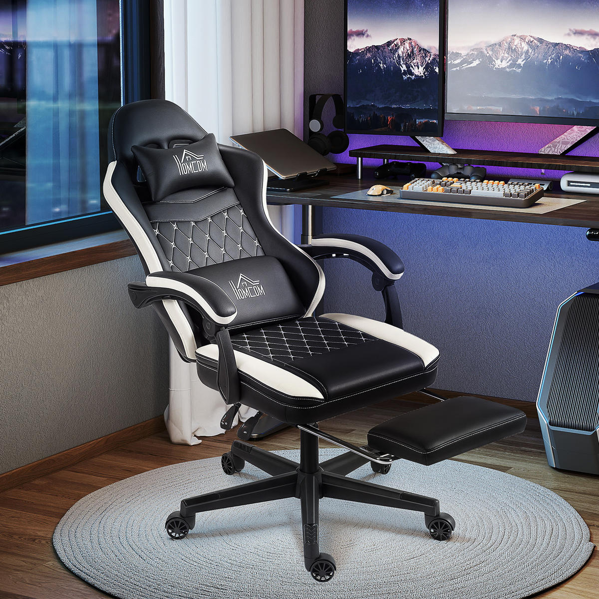 GAMING-STUHL Ergonomisch mit Lendenwirbelstütze, Fußstütze Grün - Schwarz, Kunststoff (64/128/65cm) - HOMCOM