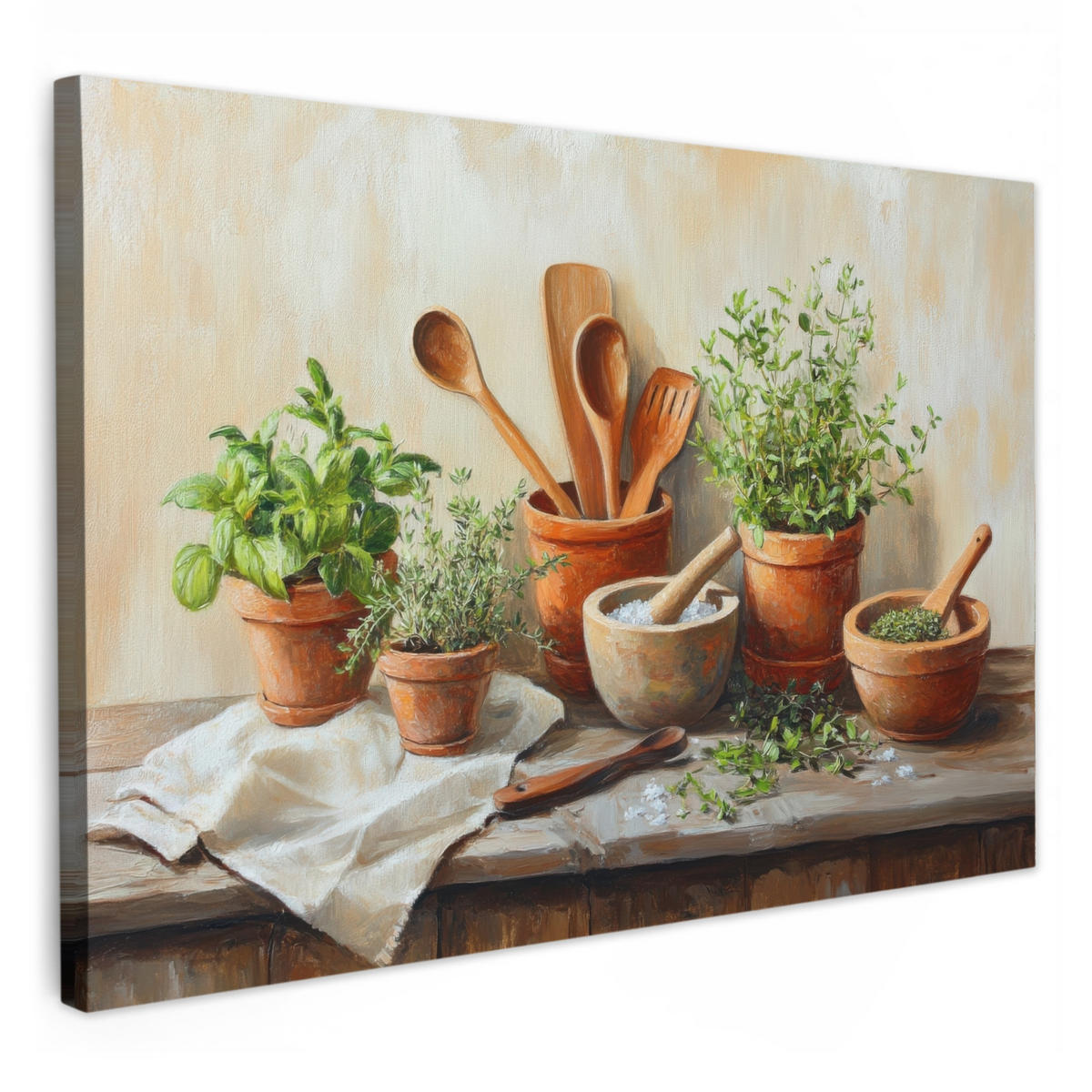 LEINWANDBILD Töpfe - Kräuter - Holz 30x20 cm - Terracotta, Textil (30/20cm) - MuchoWow