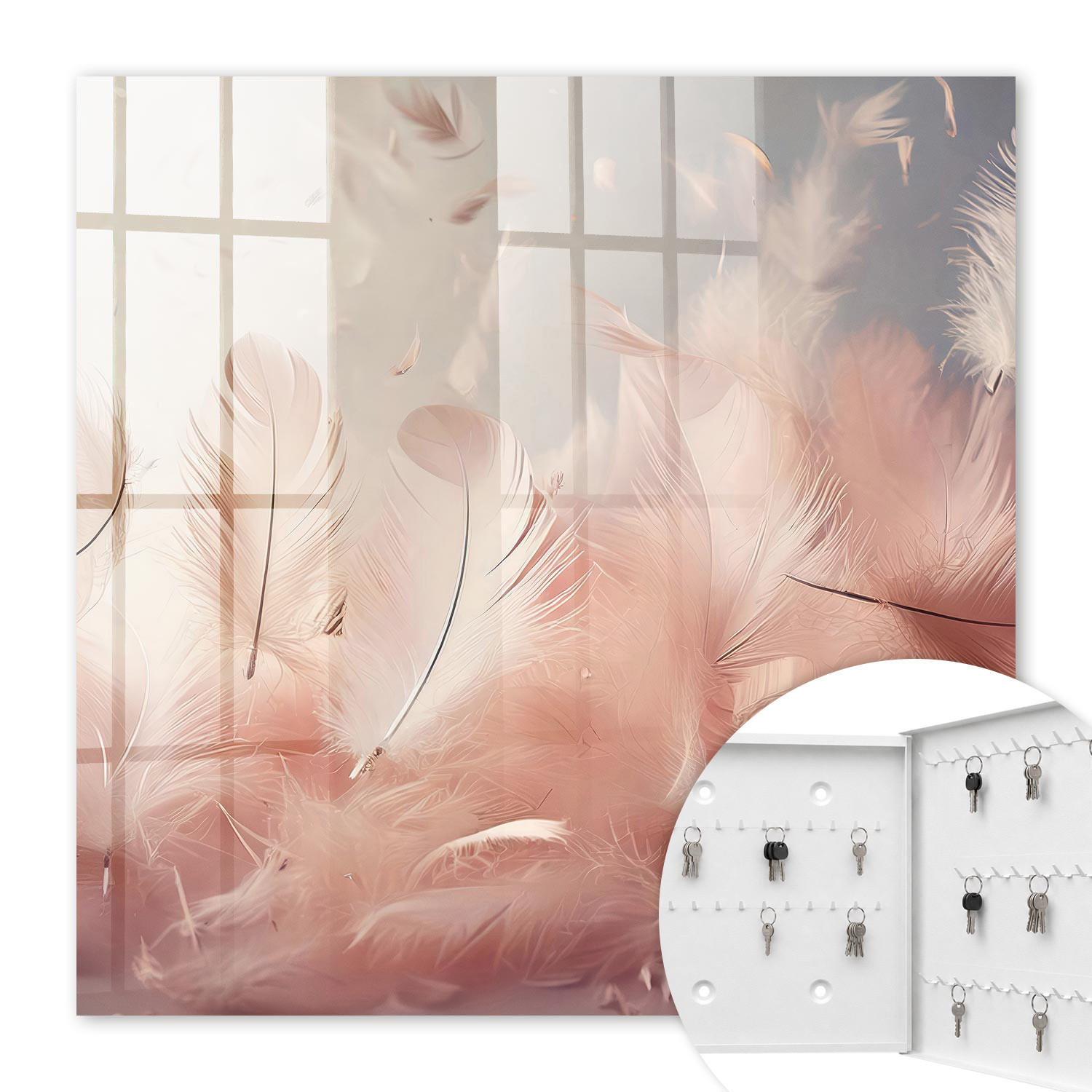 SCHLÜSSELBOX Weiß 30x30 cm – Türöffnung nach rechts - Pastellfarbene Federn - Pink, Metall (30/30/5cm) - TULUP