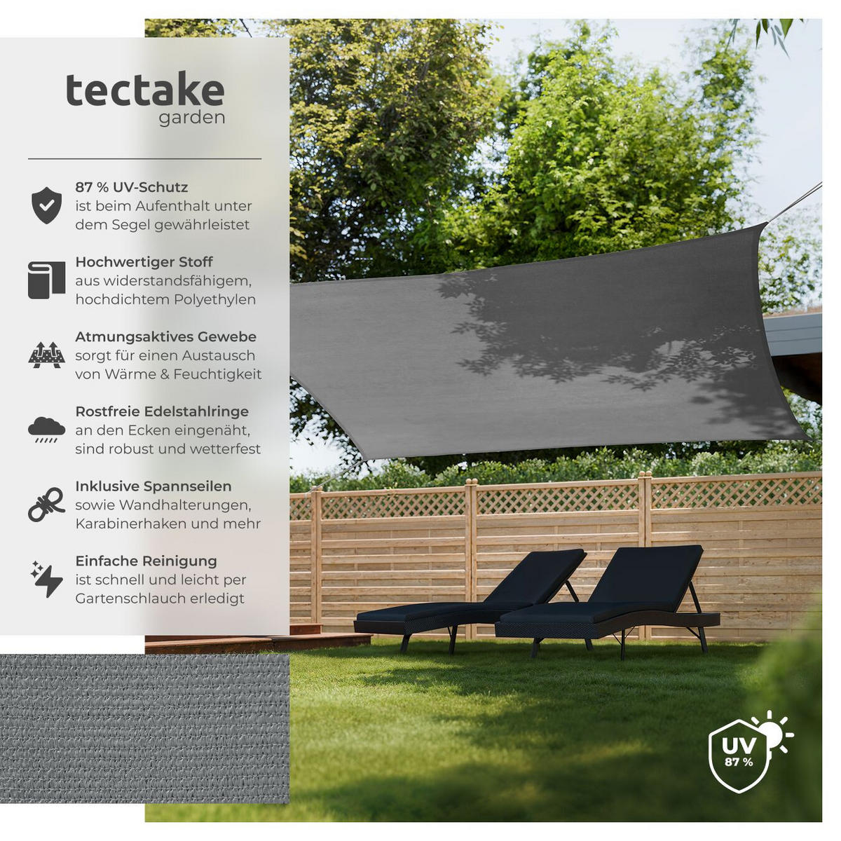 SONNENSEGEL Sunny,umfangreiches Montagematerial,grau - Grau, Kunststoff (600/400cm) - tectake