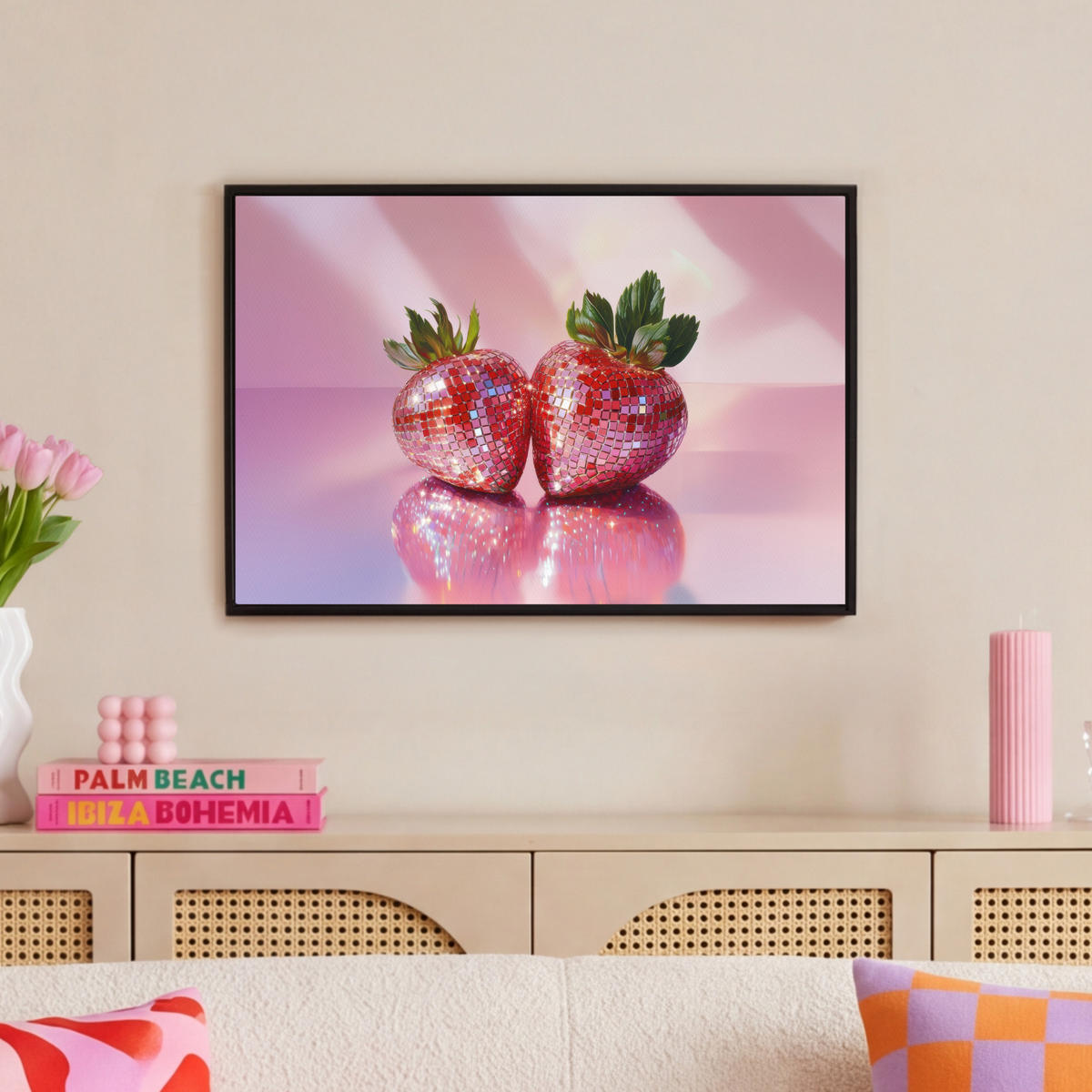 LEINWAND Bilder mit Rahmen - Disco - Obst - Glitzer - Erdbeere - 60x40 - Pink, Textil (60/40cm) - MuchoWow