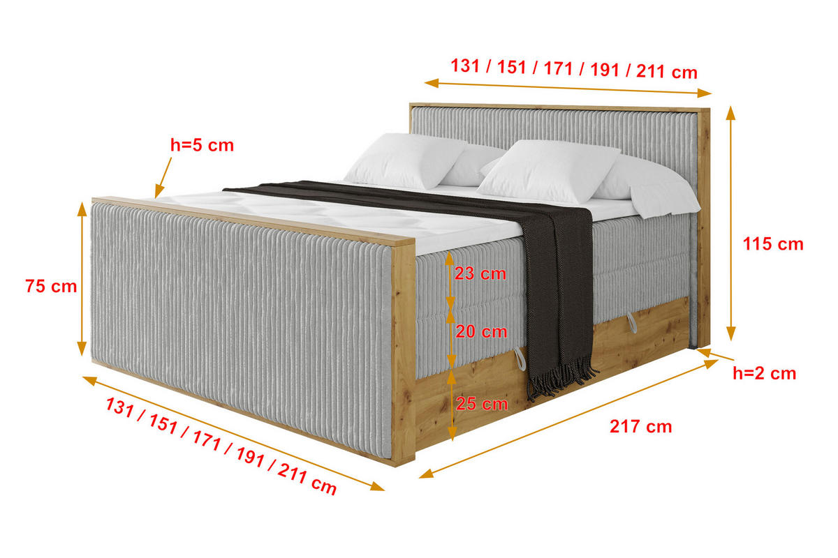 BOXSPRINGBETT LOLLI9 -Z-KING 180x200 - H3/H4 Grau - Grau, Holzwerkstoff (180/200cm) - ALTDECOR
