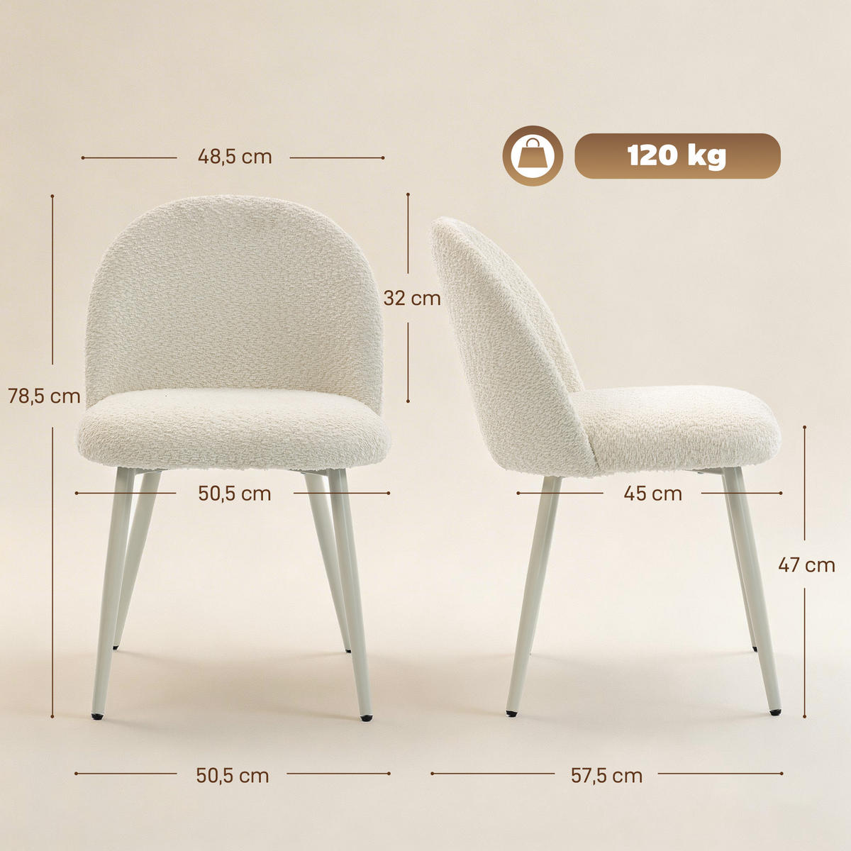 ESSZIMMERSTÜHLE 2ER-SET aus Polyester Metall Cremeweiß - Creme, Textil/Metall (50.5/78.5/57.5cm) - HOMCOM