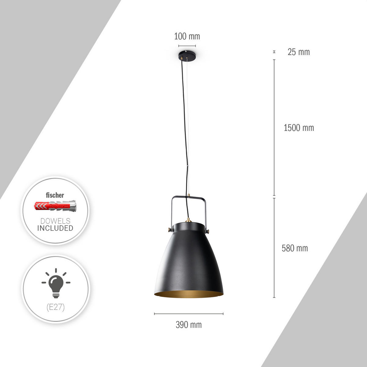 PENDELLEUCHTE Boone Pd - Schwarz, Metall (39/39/58.4cm) - Paco Home