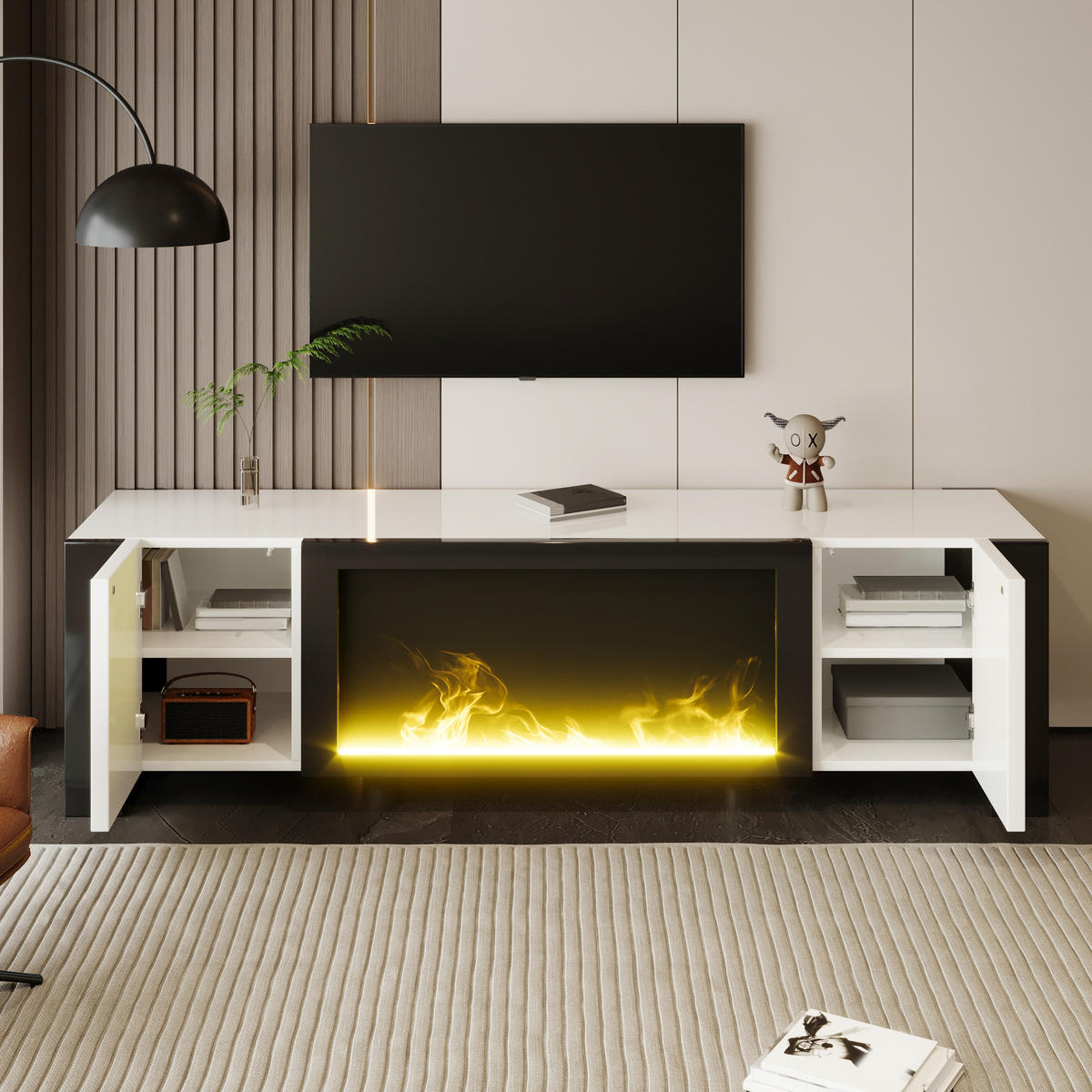 TV-ELEMENT165X55X32CM elektrischer Kamin Flammeneffekt Hochglanz Weiß-Schwarz - Weiß, Holz (54.99/21.21/104.5cm) - Raelunyi