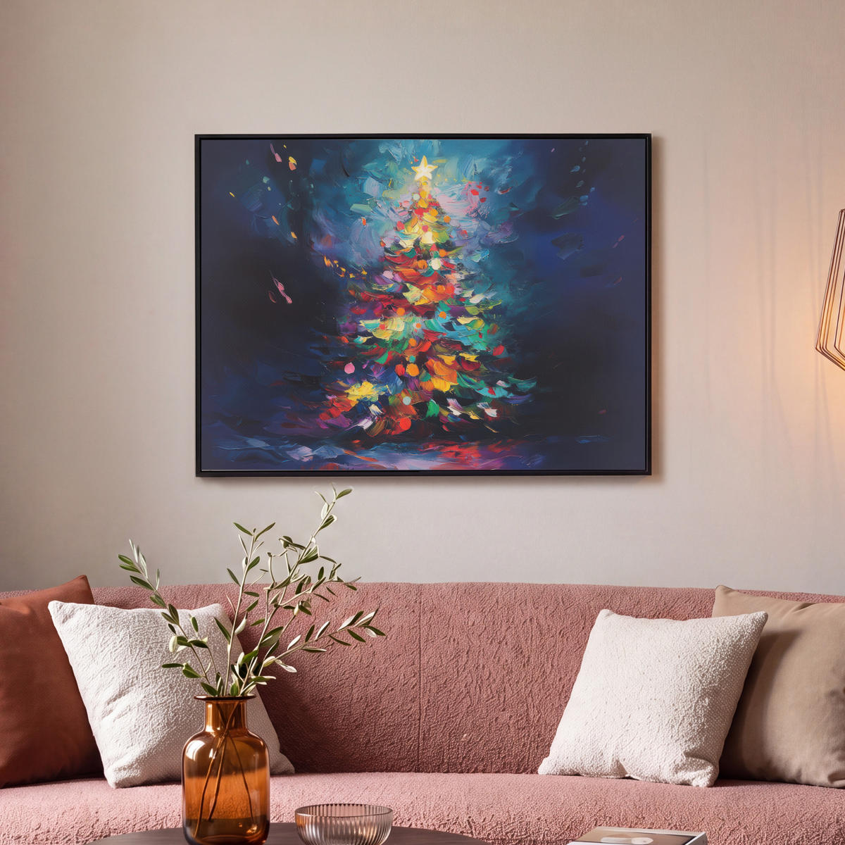 LEINWAND Bilder mit Rahmen - Weihnachtsbaum - Weihnachten - Abstrakt - Farbenfroh - 80x60 - Multicolor, Textil (80/60cm) - MuchoWow
