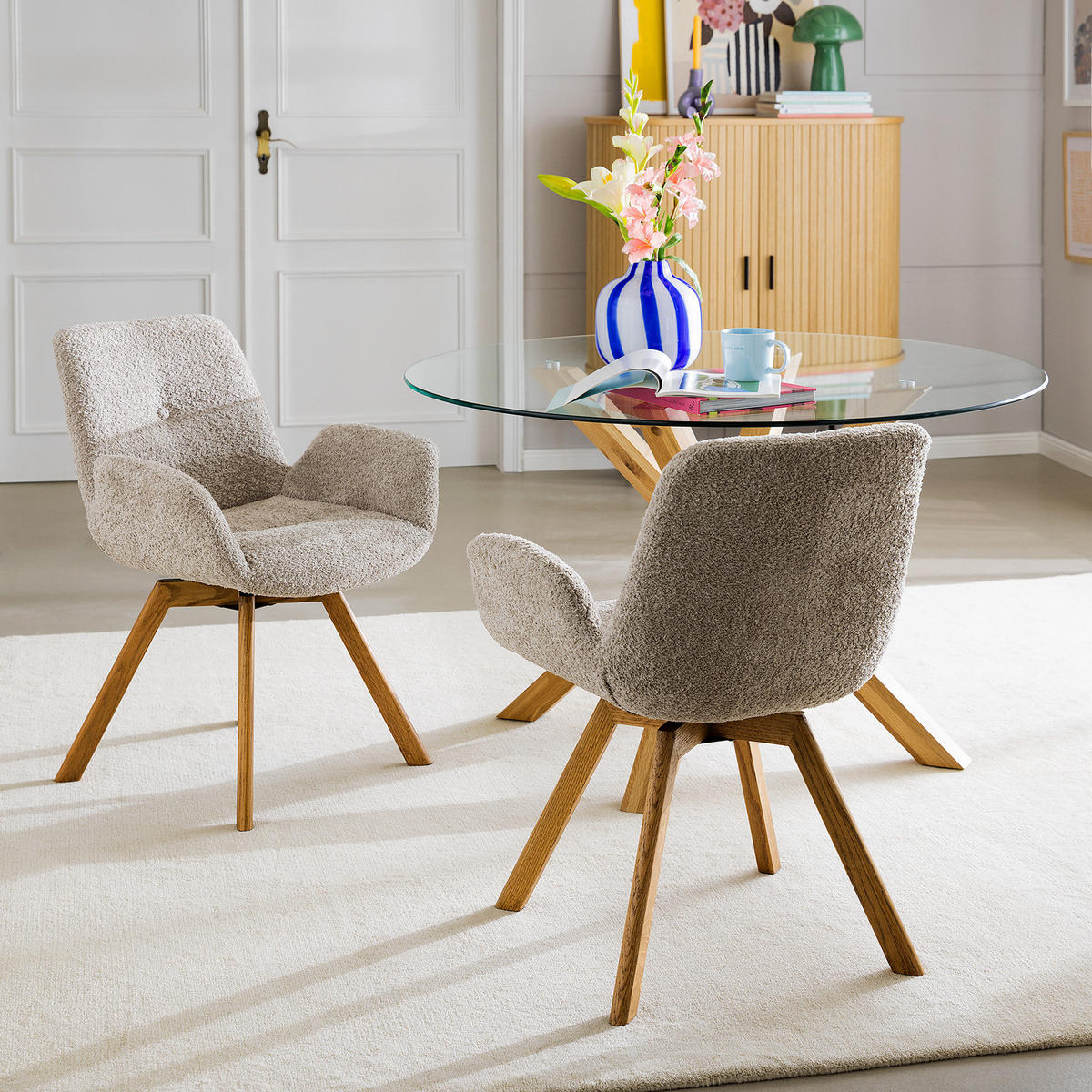 POLSTERSTUHL - Bouclé / Buche massiv - Eichefarben/Cappuccino, Holz (61/84/61cm) - home24