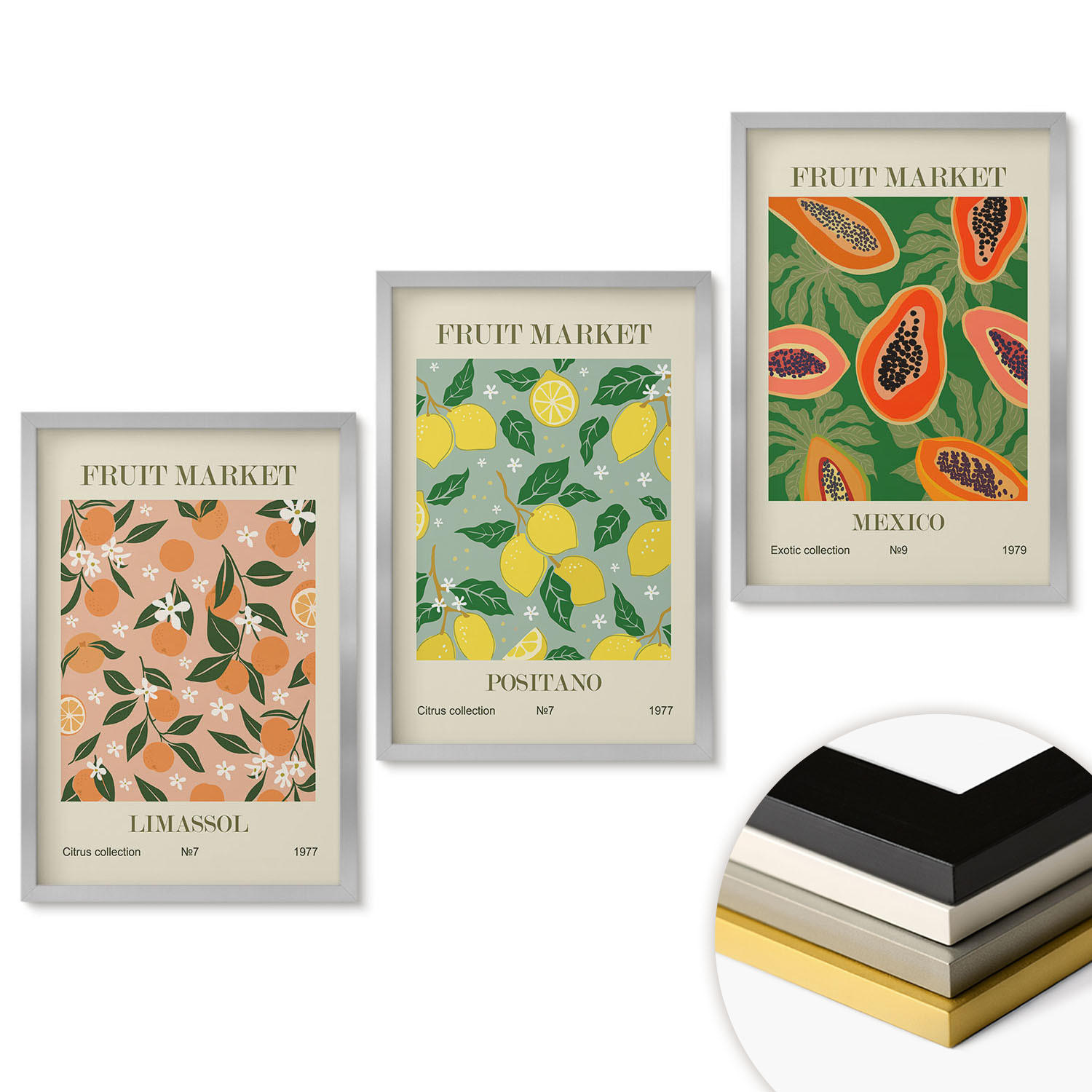 WANDBILDER 3er Set - 40x60 cm Silberner Rahmen - Zitrusfrüchte, tropischer Retro-Stil - Silberfarben, Kunststoff (40/60cm) - ArtPrintCave