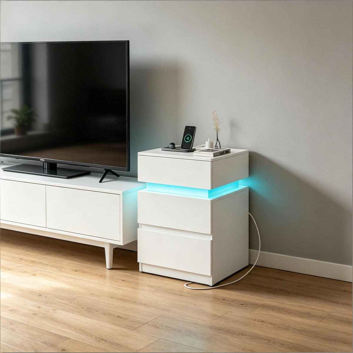 BEISTELLTISCH Weiß mit LED-Beleuchtung 2er-Set - Weiß, Holz (35/55/40cm) - PANGIVO