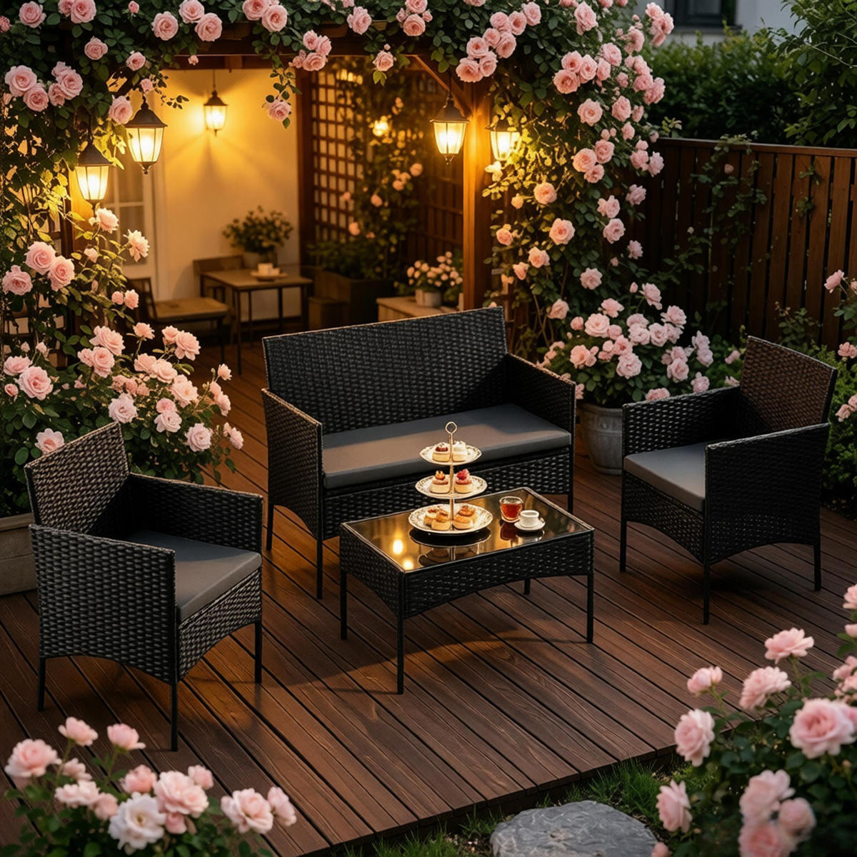 DINING-LOUNGESET 4 Stück mit 1 Couchtisch, 2 Sessel, 1 Doppelsofa - Schwarz, Textil - Coonoor