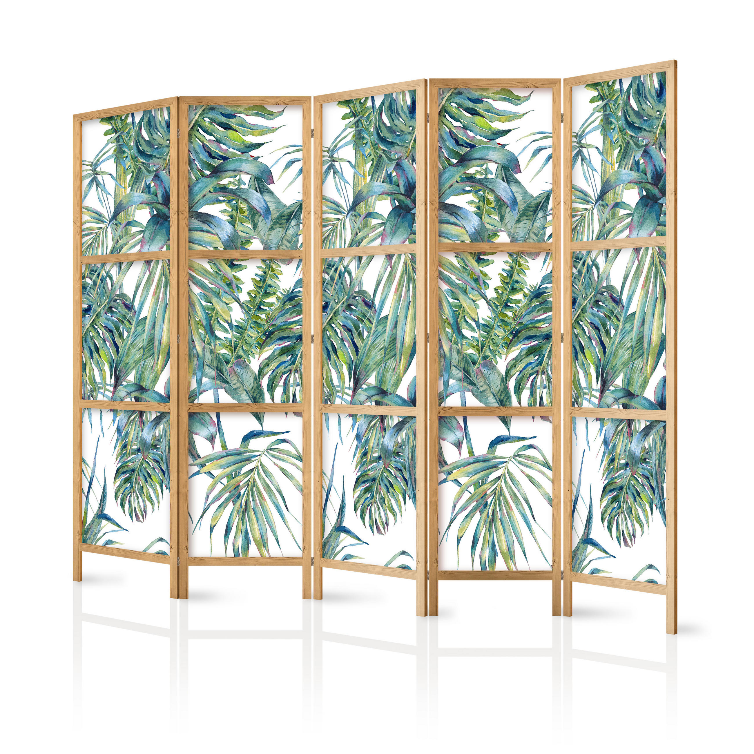 PARAVENT Japanischer 5-tlg 225x172 cm Tropische Pflanzen - Grün, Holz/Textil (225/172/3cm) - Muralo