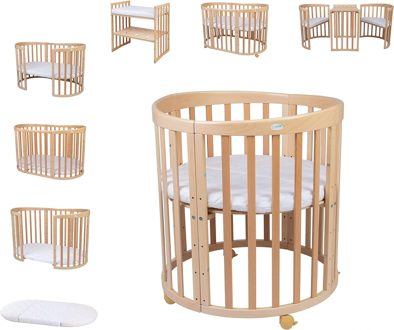 BABYBETT NATUR OVAL 7in1 mit Matratze - Naturfarben, Holz/Textil
