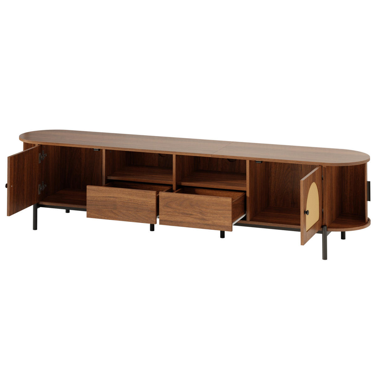 TV-LOWBOARD oval 200 x 40 x 49,5 cm aus MDF, Rattanoptik, Schiebetüren, Schubladen, Walnuss - Walnussfarben, Holzwerkstoff (200/49/40cm)