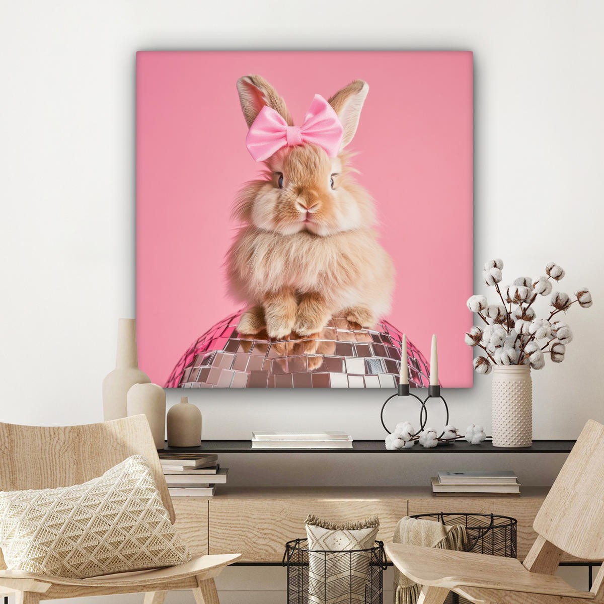 LEINWANDBILD Schleife - Discoball - Kaninchen Deko Groß 90x90 cm - Pink, Textil (90/90cm) - MuchoWow