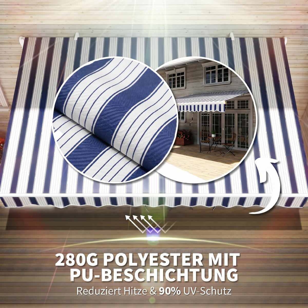 MANUELLE Gelenkarmmarkise Alu Weiß+Blau - Blau/Weiß, Kunststoff/Metall (245/350/395cm) - Outsunny