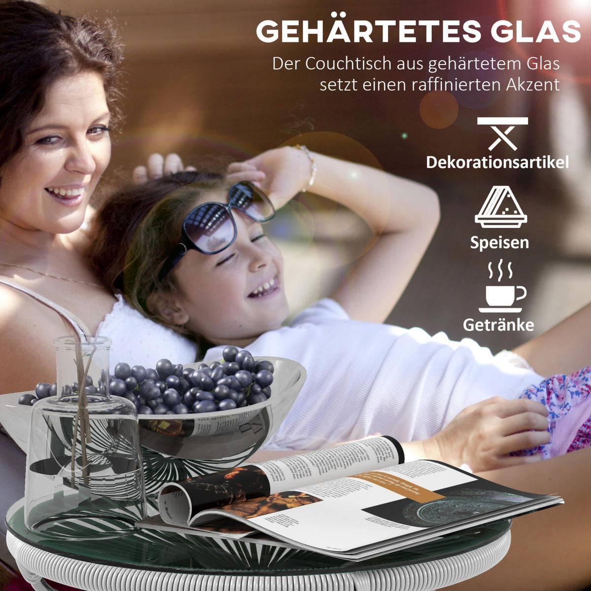 BEISTELLTISCH 50/50/50 cm grau aus Metall mit Glasplatte und PE-Rattan - Grau, Metall (50/50/50cm) - OKWISH