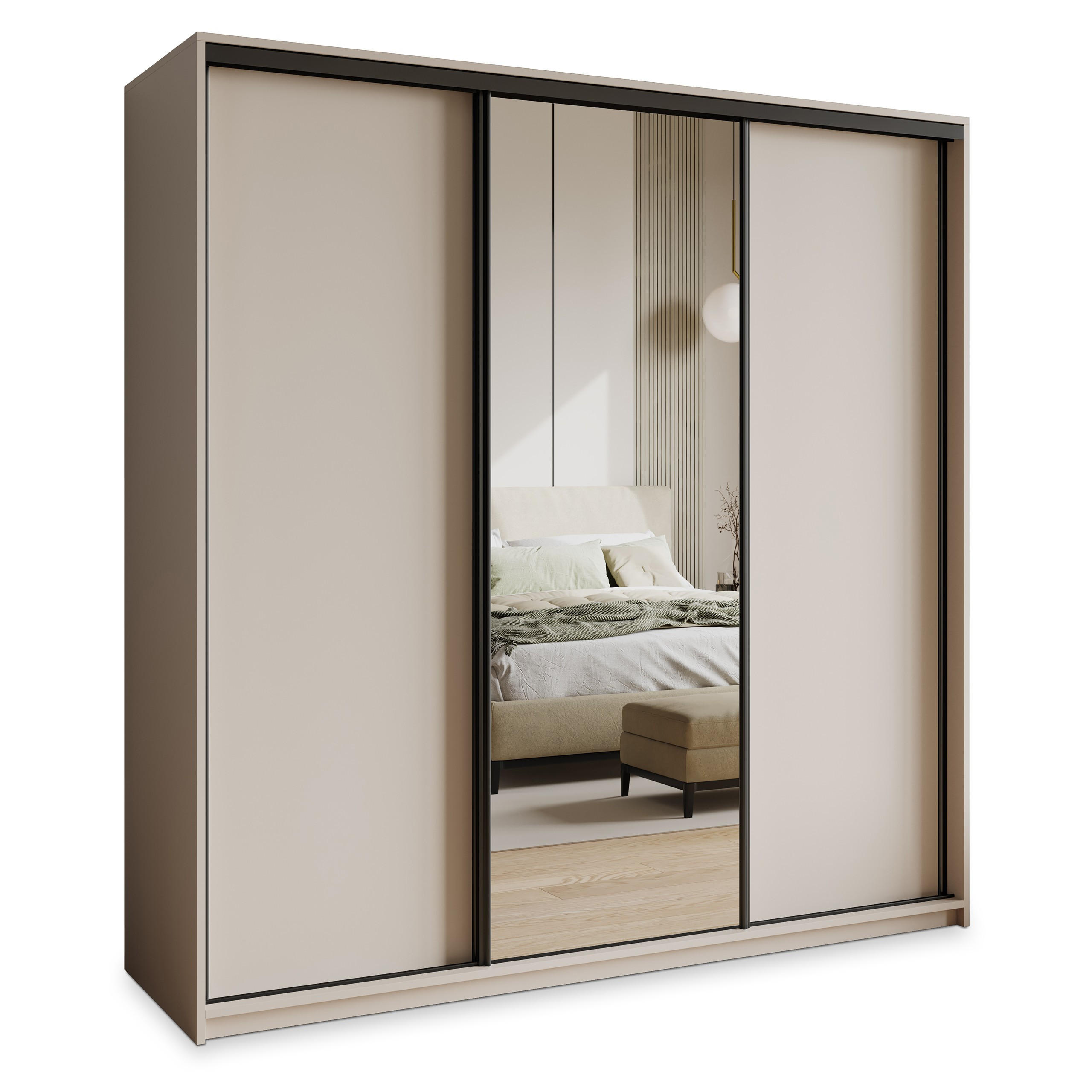 SCHWEBETÜRENSCHRANK TAVI 180/205/60 cm 3-türig mit Spiegel und Schubladen Kaschmir - Kaschmir/Schwarz, Holzwerkstoff (180/205/60cm) - MASSENO