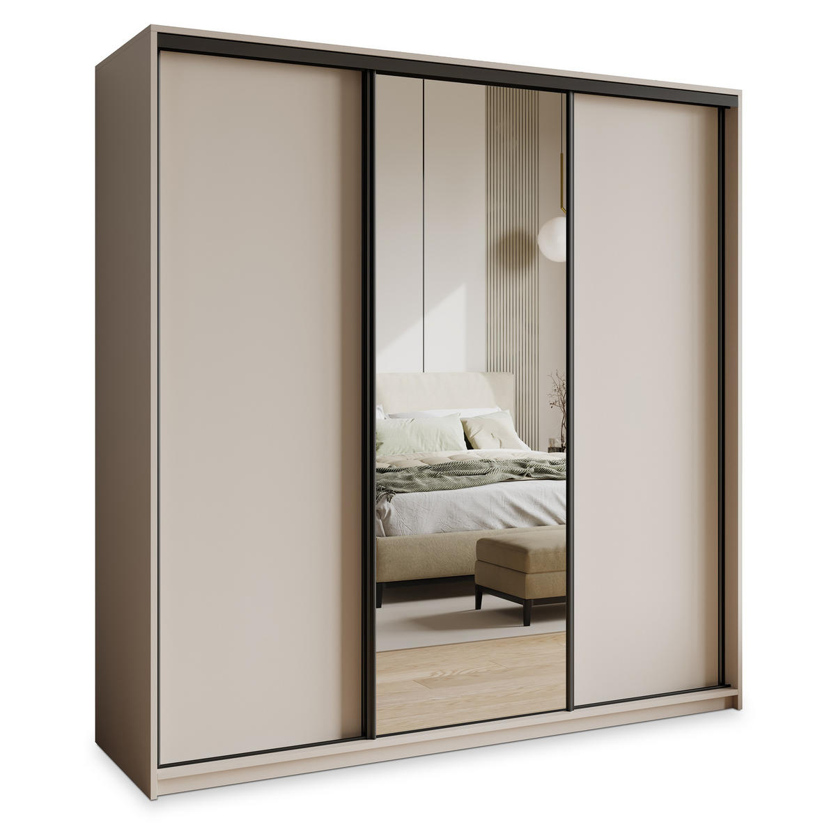 SCHWEBETÜRENSCHRANK TAVI 180/205/60 cm 3-türig mit Spiegel und Schubladen Kaschmir - Kaschmir/Schwarz, Holzwerkstoff (180/205/60cm) - MASSENO