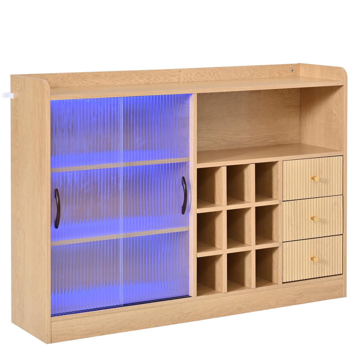 SIDEBOARD 120/30/85 cm, Natur, mit LED-Beleuchtung, Glas-Schiebetüren und Weinregal - Transparent/Naturfarben, Glas/Holzwerkstoff (120/85/30cm) - CHICFURN