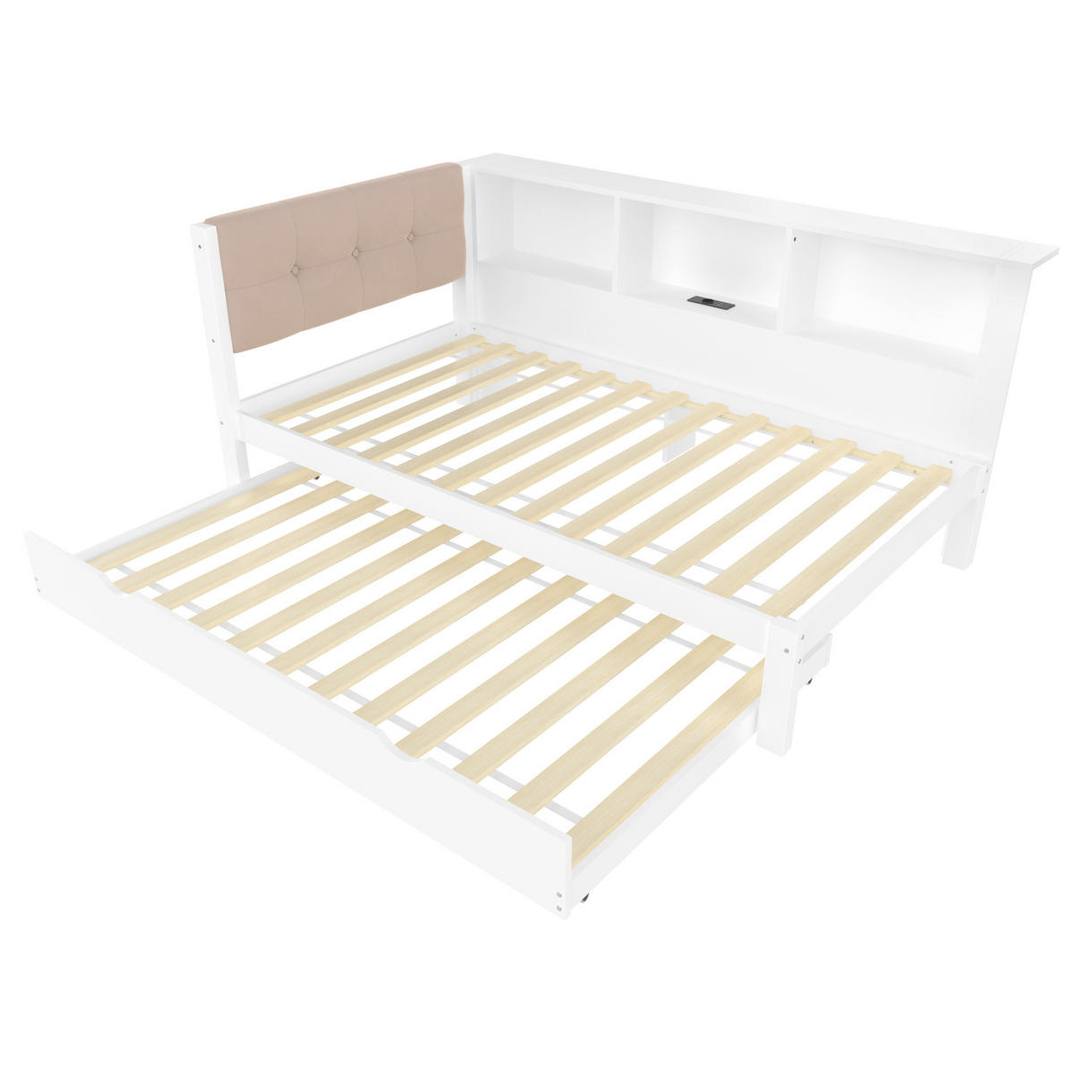 POLSTERBETT aus Kiefernholz 90x200 cm in Weiß mit Ausziehbett, LED & USB - Weiß, Holz (90/200cm) - Modfu