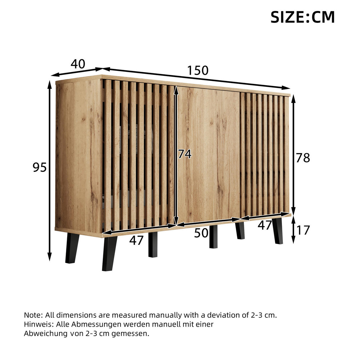 SIDEBOARD 3 Türen 6 Fächer 150x40x95cm Stauraum Mehrzweck - Naturfarben, Holzwerkstoff (40/95/150cm) - FLIEKS