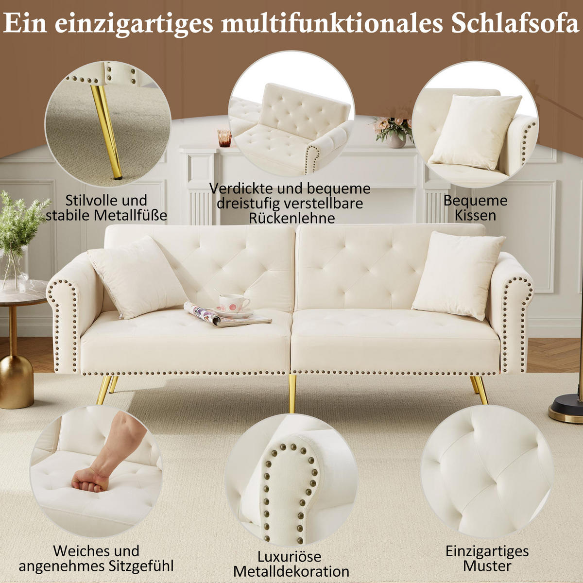 SCHLAFSOFA 2-Sitzer Samt mit 3-fach verstellbarer Rückenlehne Beige 173/75/70 cm - Beige, Textil (70/173/75cm) - Redom