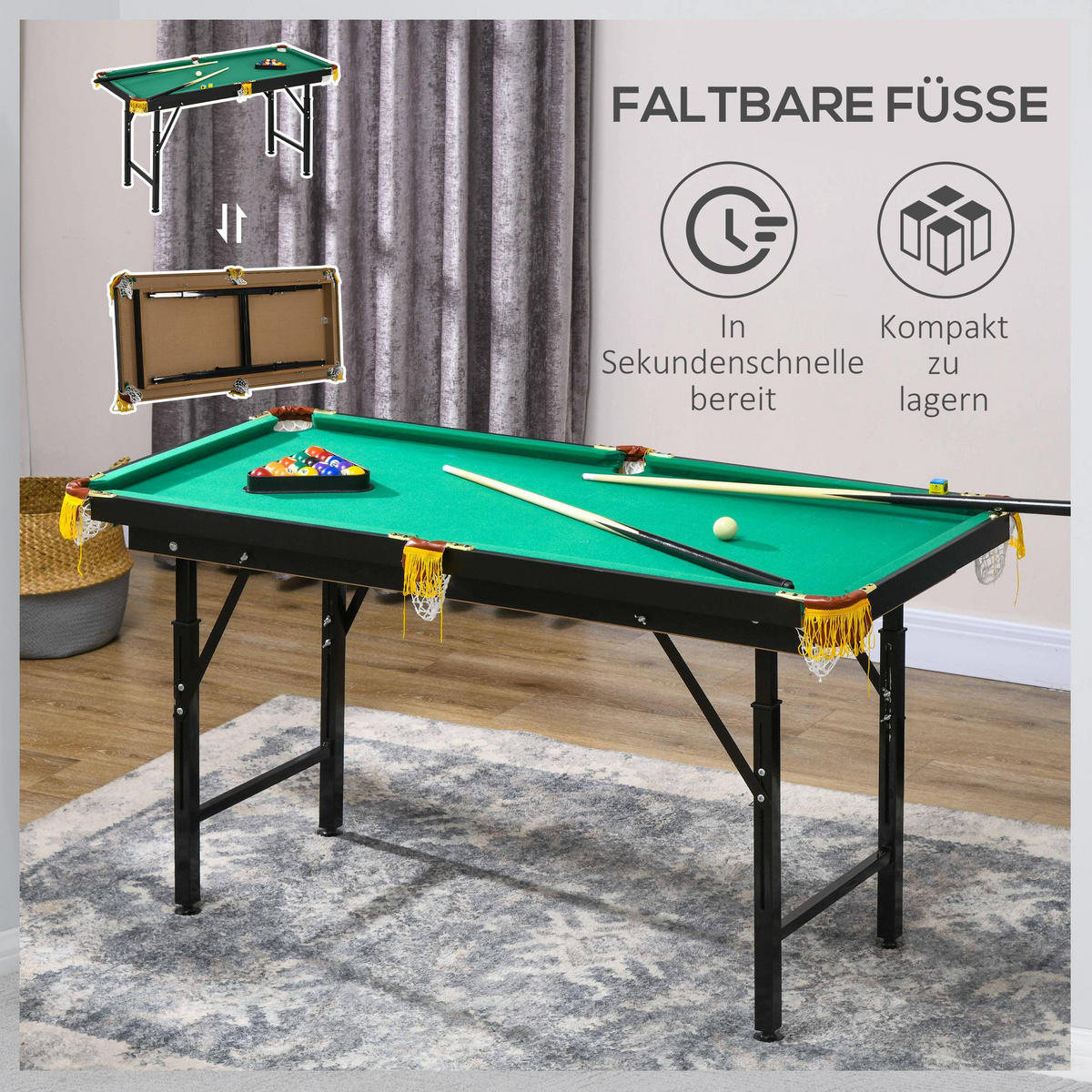 BILLARDTISCH DE-10760 klappbar & höhenverstellbar Grün - Grün, Holzwerkstoff (63/140cm) - ComfortXL
