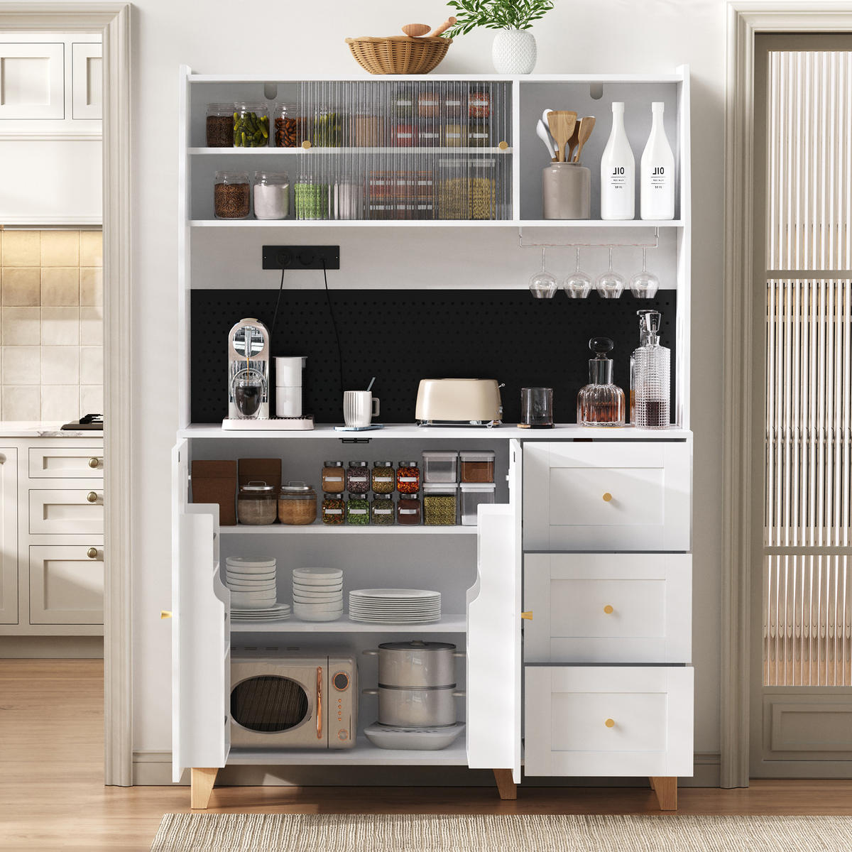HIGHBOARD in Weiß Barschrank mit Weinglashaltern und Schubladen für Esszimmer und Küche, B120/T40/H184 cm - Naturfarben/Weiß, Glas/Holz (120/184/40cm) - STILVORA