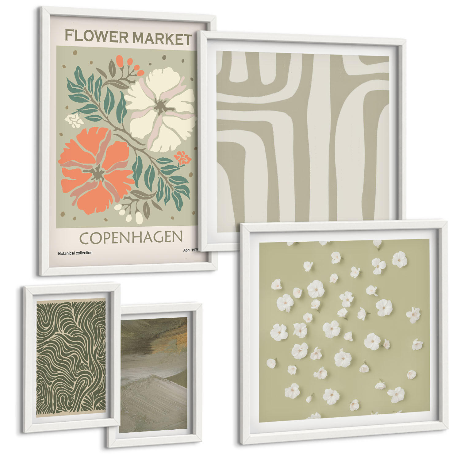 BILDER SET 5er Set - 50x50 cm & 20x30 cm & 40x60 cm Weißer Rahmen - Abstrakte Boho-Muster - Weiß, Kunststoff (40/60cm) - TULUP