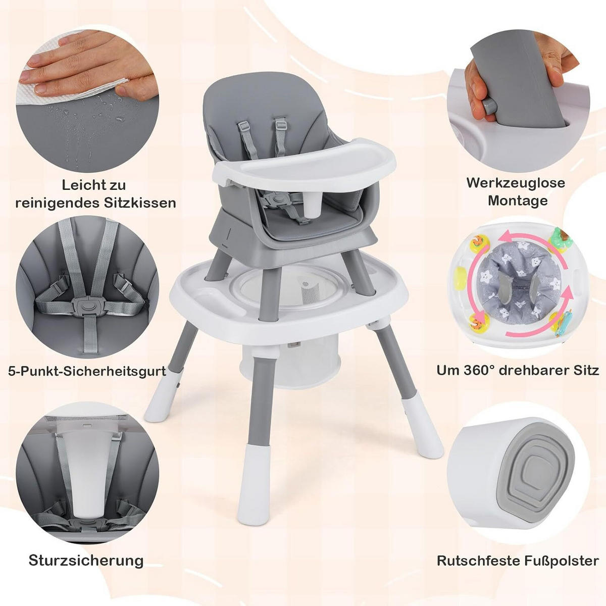 BABYHOCHSTUHL mit abnehmbarem Tablett grau - Grau, Kunststoff (60/93/60cm) - COSTWAY