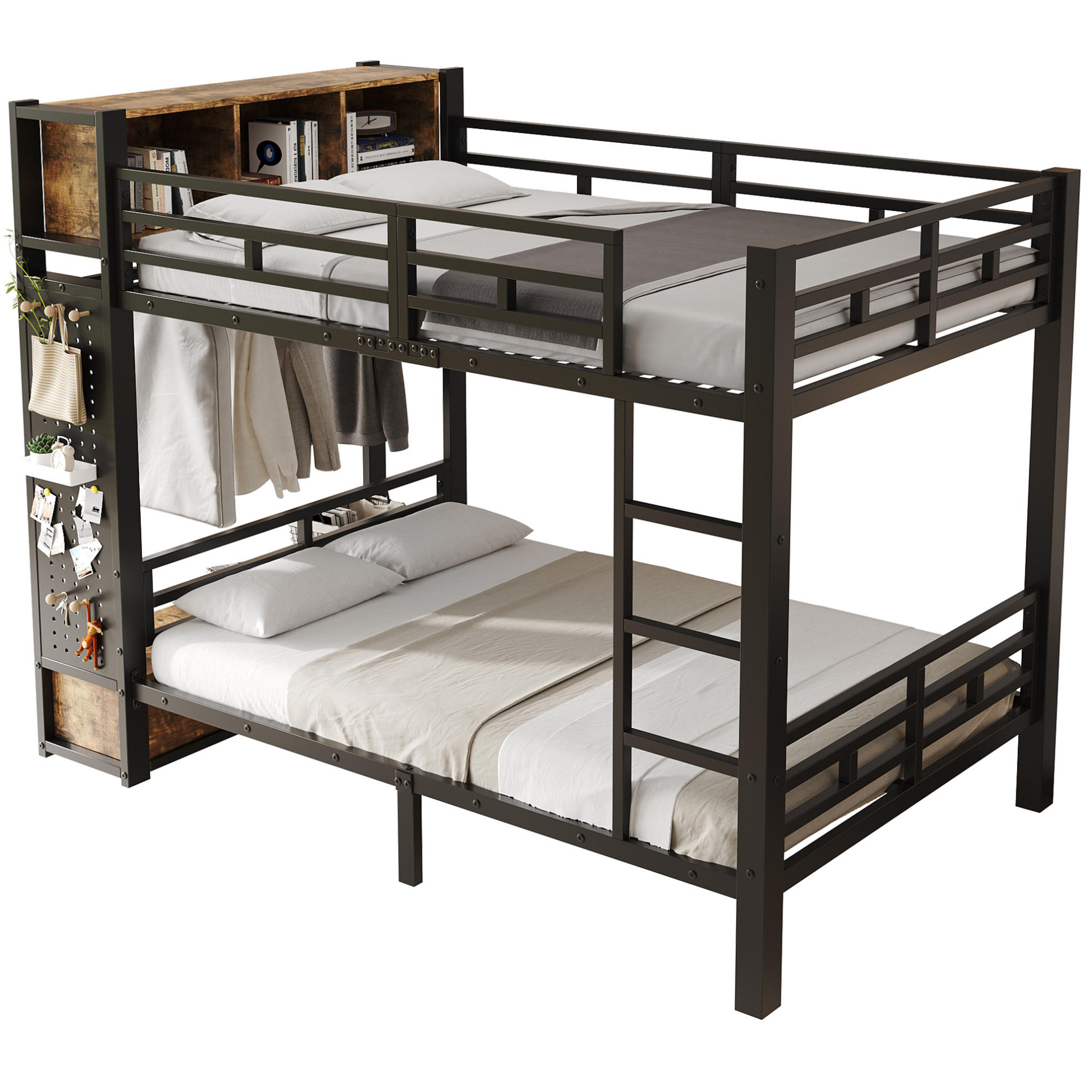 ETAGENBETT aus Metall und Holz 120x200 cm Schwarz/Dunkelbraun mit Stauraum, Kleiderstange, Schublade und Lochwand - Schwarz, Metall (120/200cm) - Modfu