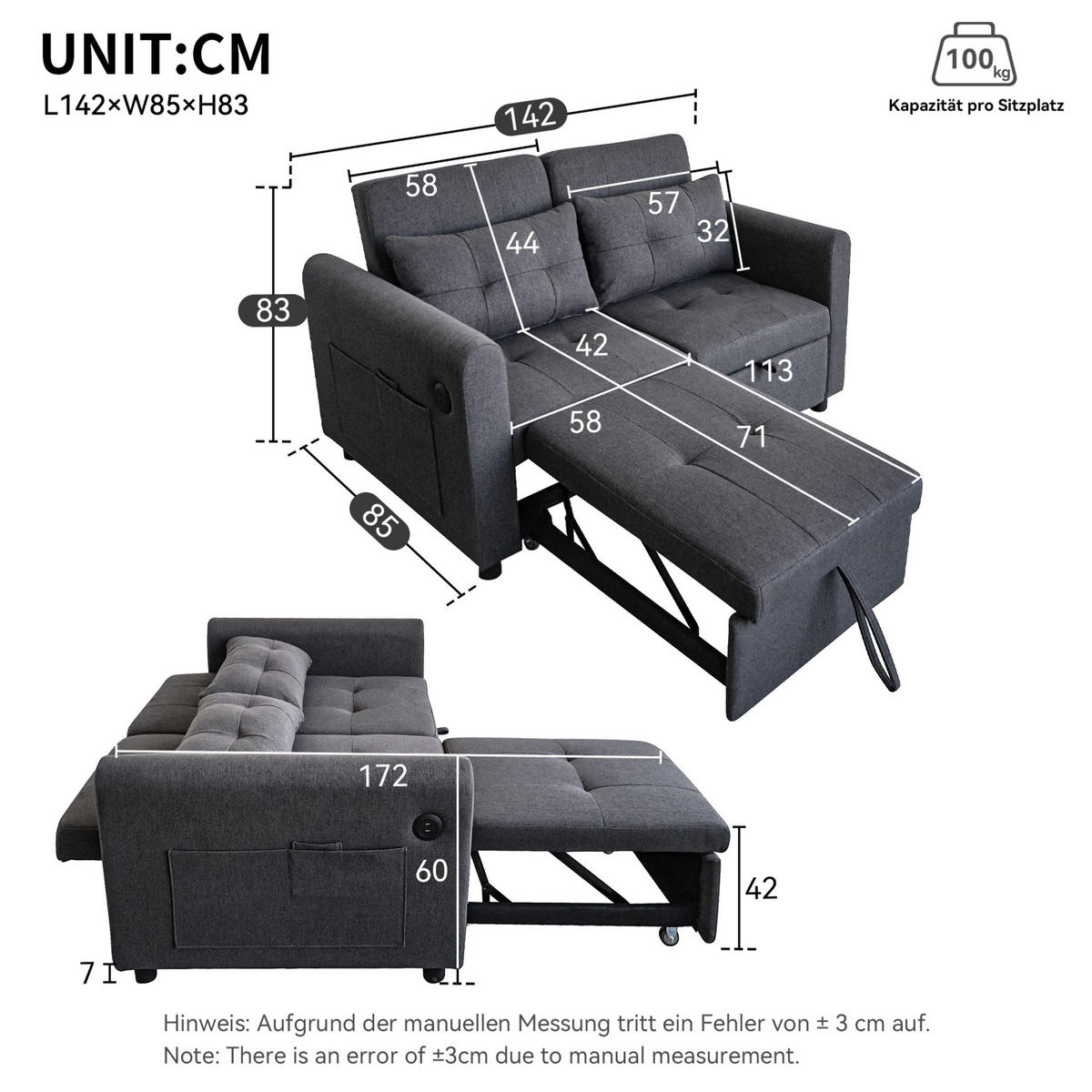 SCHLAFSOFA 3-in-1 Baumwoll-Leinen mit verstellbarer Rückenlehne und USB-Anschluss Grau 142/85/83 cm - Grau, Textil (85/83/142cm) - Redom