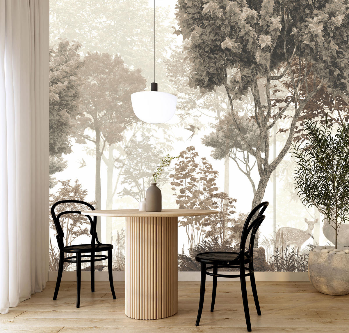 FOTOTAPETE für Esszimmer Vintage Wald Bäume Hirsche 500x350 - Gelb/Beige, Papier (500/350cm) - Muralo