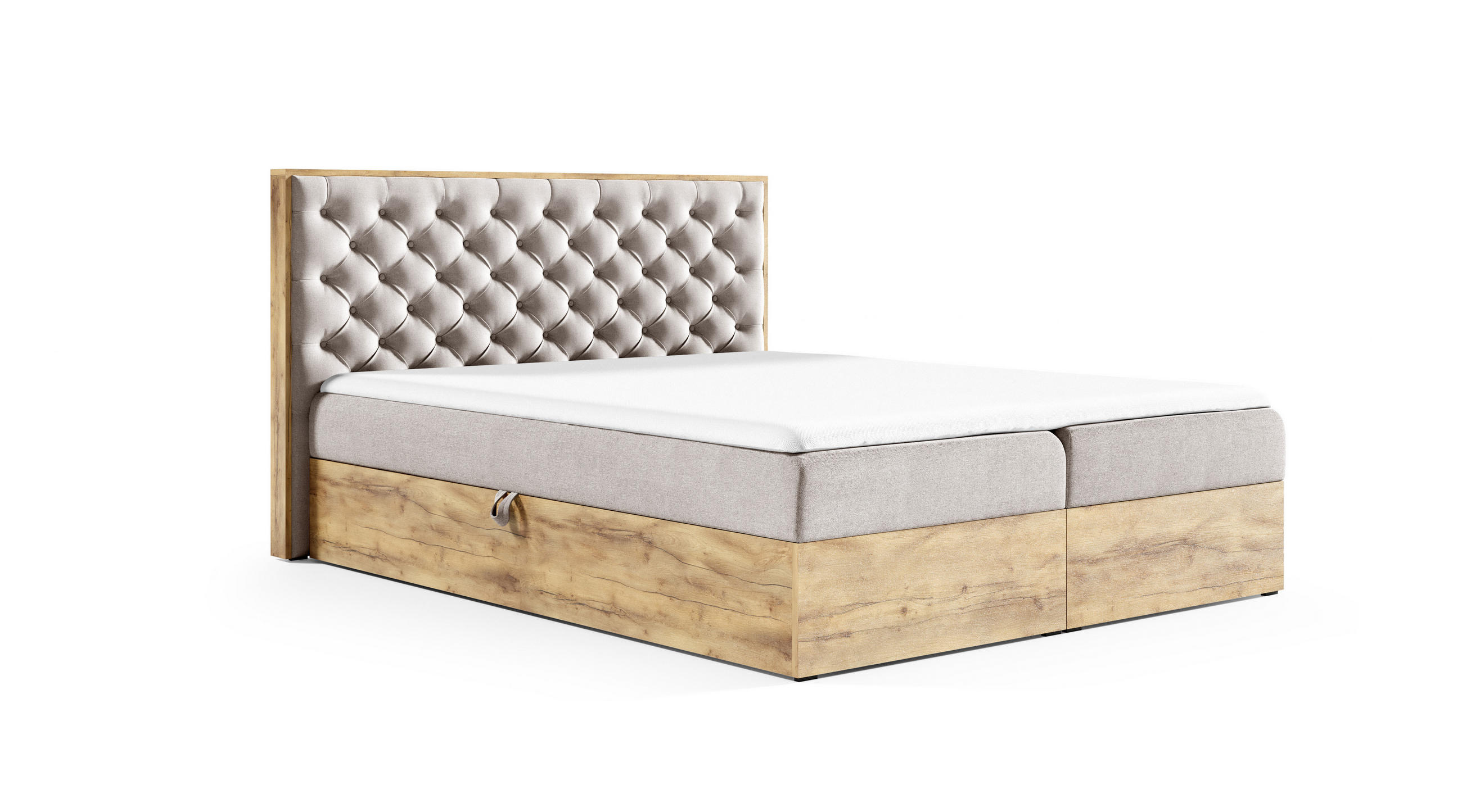 BOXBETT Clavio 160/200 cm in Beige – mit Bettkasten und Topper - Beige/Schwarz, Holz/Holzwerkstoff (160/200cm) - AX Living