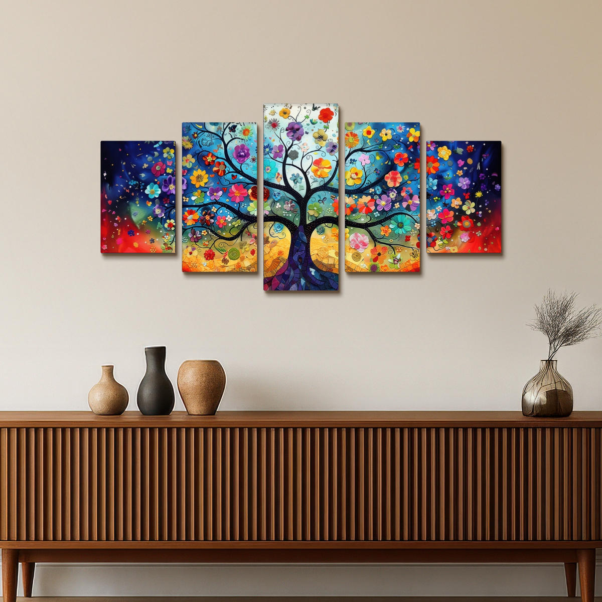 LEINWANDBILD 5er Set Bunt - Baum des Lebens - Blumen - Abstrakt 100x50 cm - Blau, Textil (100/50cm) - MuchoWow