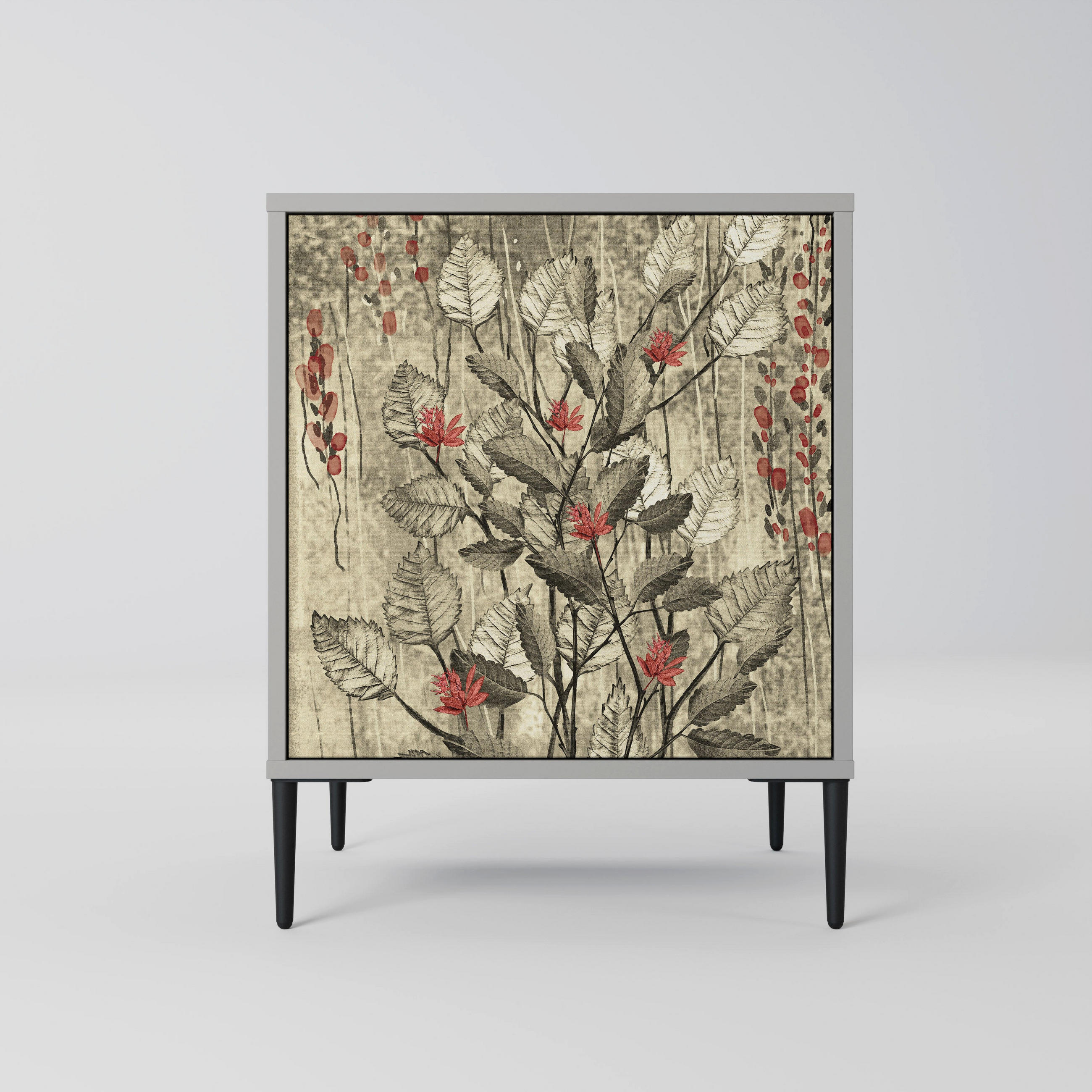 SIDEBOARD HERBAL GRACE, Grau, 57,5x42x72,5 cm, Schwarze Metallfüße - Multicolor/Schwarz, Holzwerkstoff/Metall (57.5/72.5/42cm) - SpaceRebels