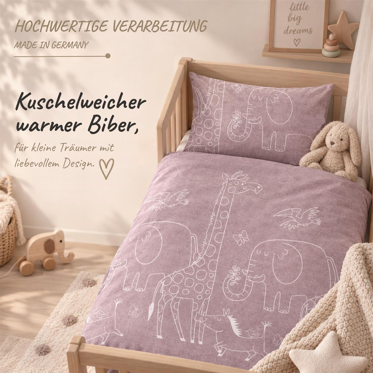 BIBER-BETTWÄSCHE 100x135 für Babys - Made in Germany! Flauschig warmer Flanell Kinder Bettbezug aus 100% Baumwolle für Herbst & Winter - Tiere Rosa - Rosa, Textil (100/135cm) - Carpe Sonno