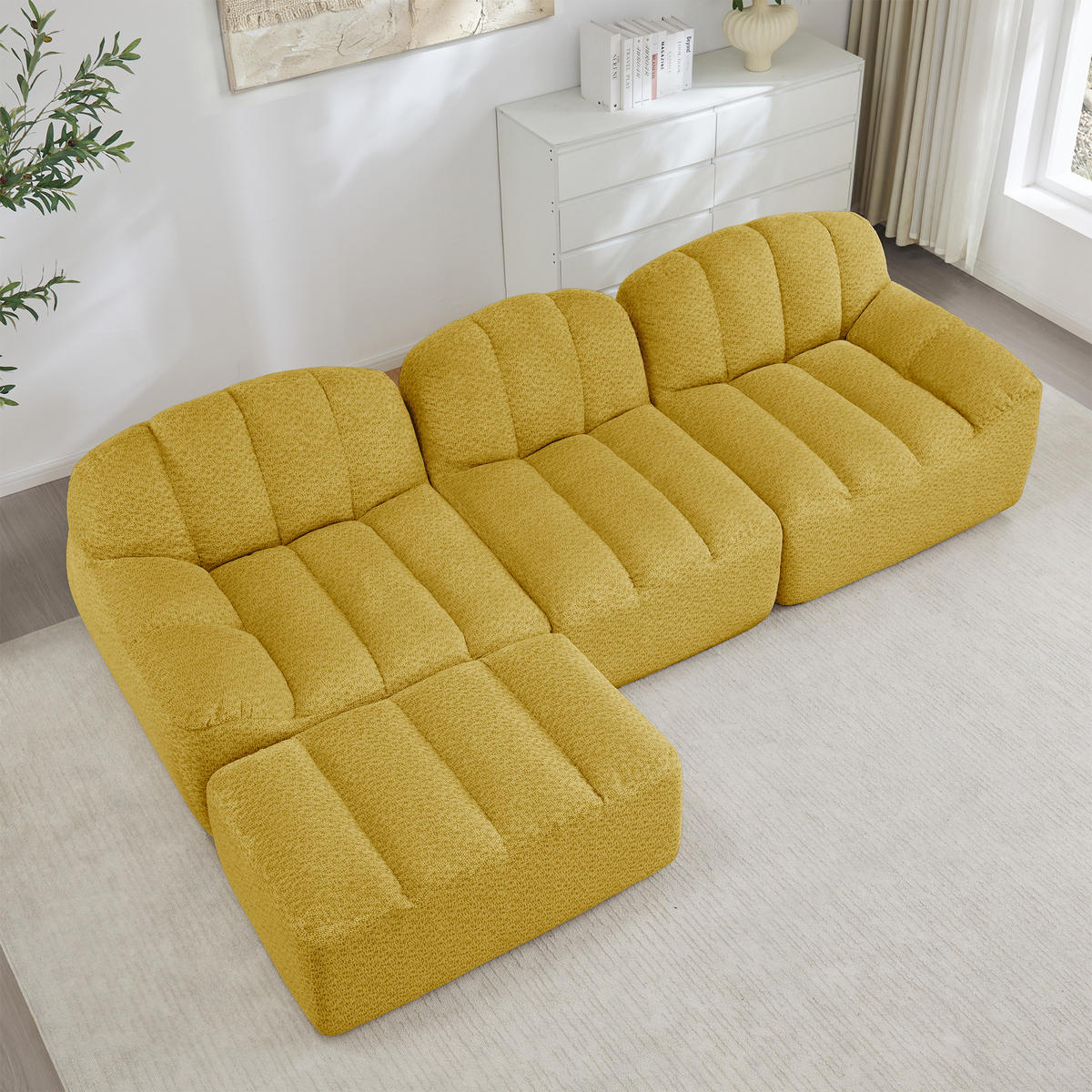 ECKSOFA Granulierter Fleece Gelb mit Ottomane - Gelb, Textil (288/165cm) - WISHDOR