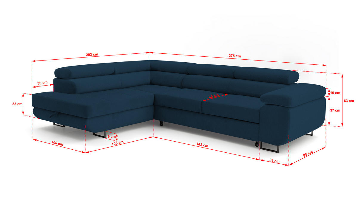 ECKSOFA Velmo mit Bettkasten und Schlaffunktion, verstellbaren Kopfstützen, in L-Form - Blau, Textil (275/203cm)
