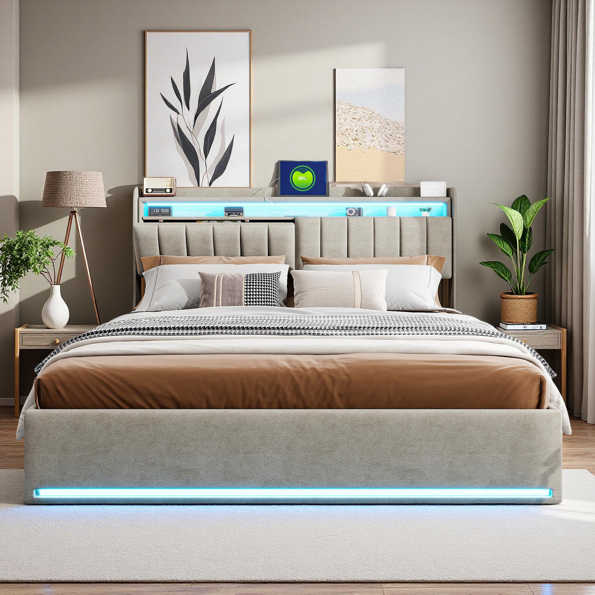 POLSTERBETT 140x200 Grau Samt LED USB - Grau, Holzwerkstoff (140/200cm) - SHOPENTRA