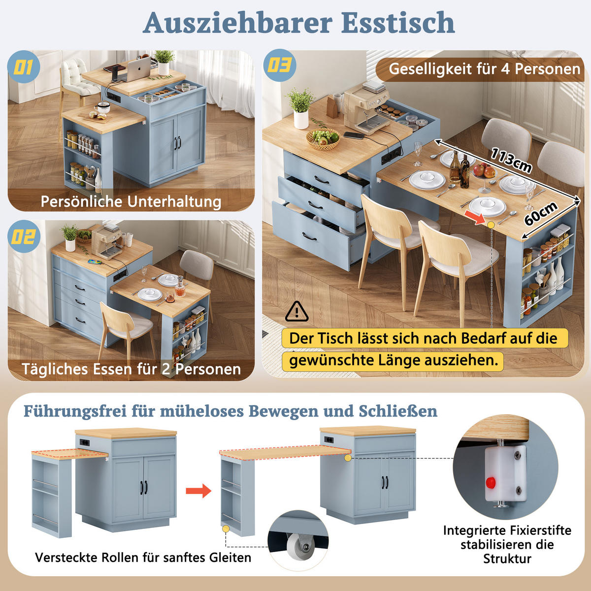 KÜCHENINSEL 125,5/71/93 cm blau aus MDF mit Auszug Rollen LED USB Type-C - Hellblau, Holzwerkstoff (125.5/93/71cm) - OKWISH