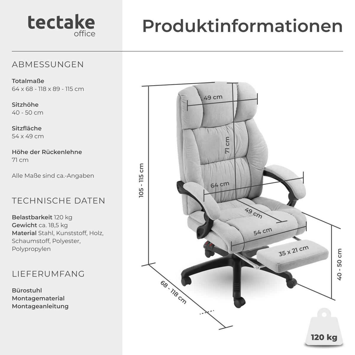 BÜROSTUHL Jillien,Belastbarkeit 120 kg,grau - Grau, Kunststoff (64/115/118cm) - tectake
