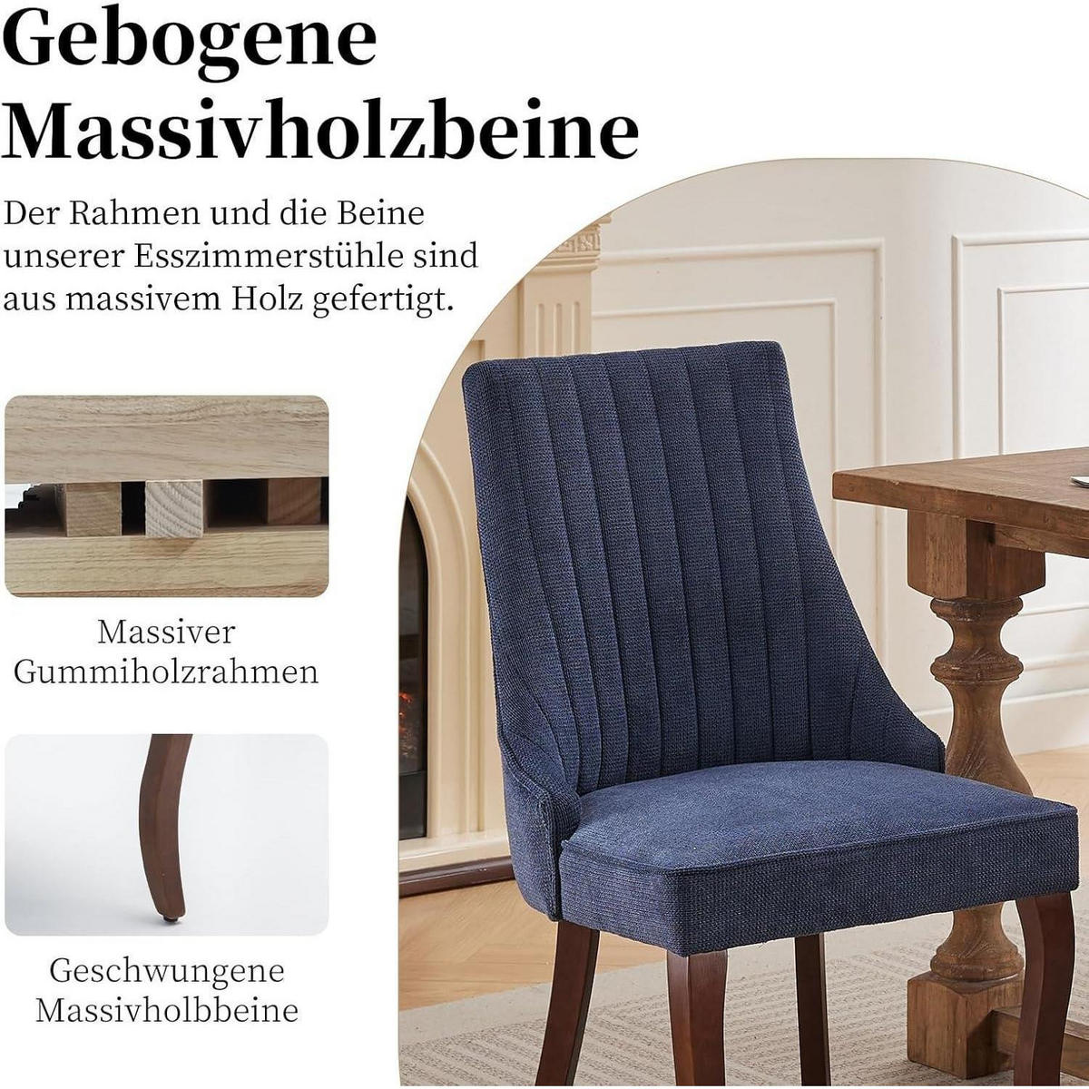 ESSZIMMERSTÜHLE 4er Set Stoff Blau mit Channel-Steppung und Massivholzbeinen - Blau, Textil (50/95.5/53.8cm)